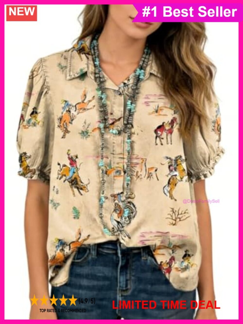 Western Cowboy Print Puff Sleeve Blouse V-Neck Button Down Shirt